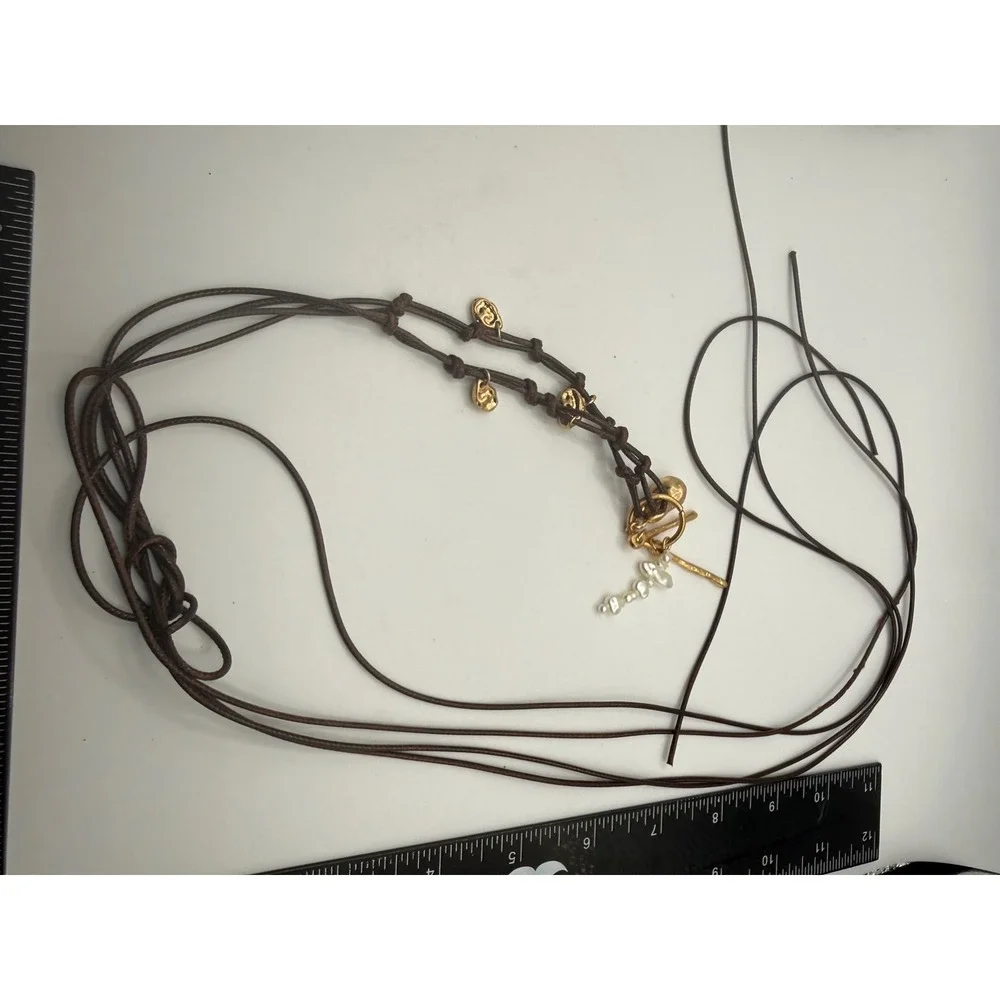 Boho Multi Strand Brown Cord Necklace Gold Tone Charms Baroque Pearl Toggle 32in